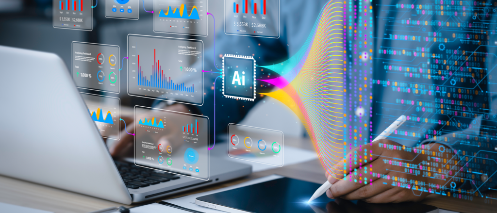 Animated graphics of charts and graphs floating, feeding into the letters AI