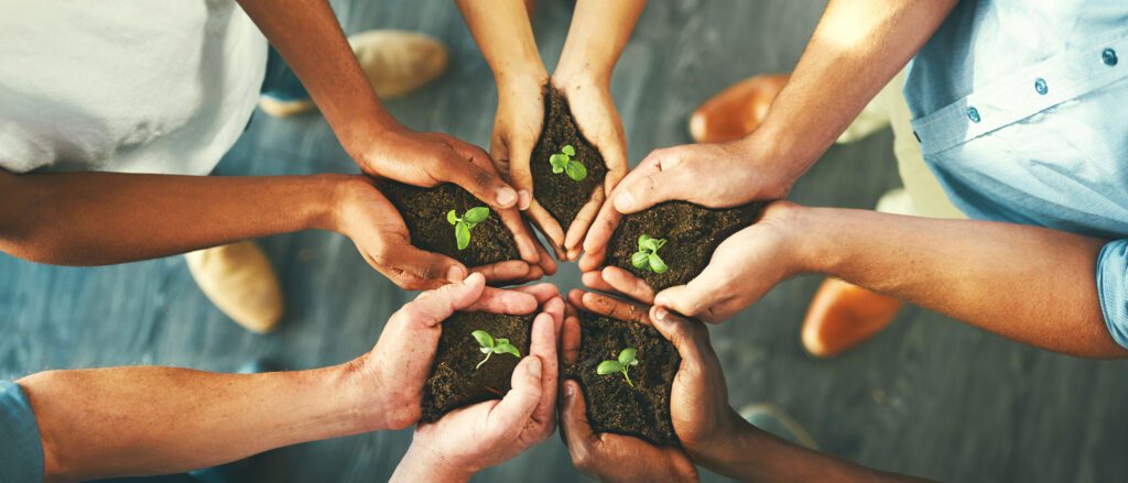 5 people with their hands cupped holding dirt with a small sapling