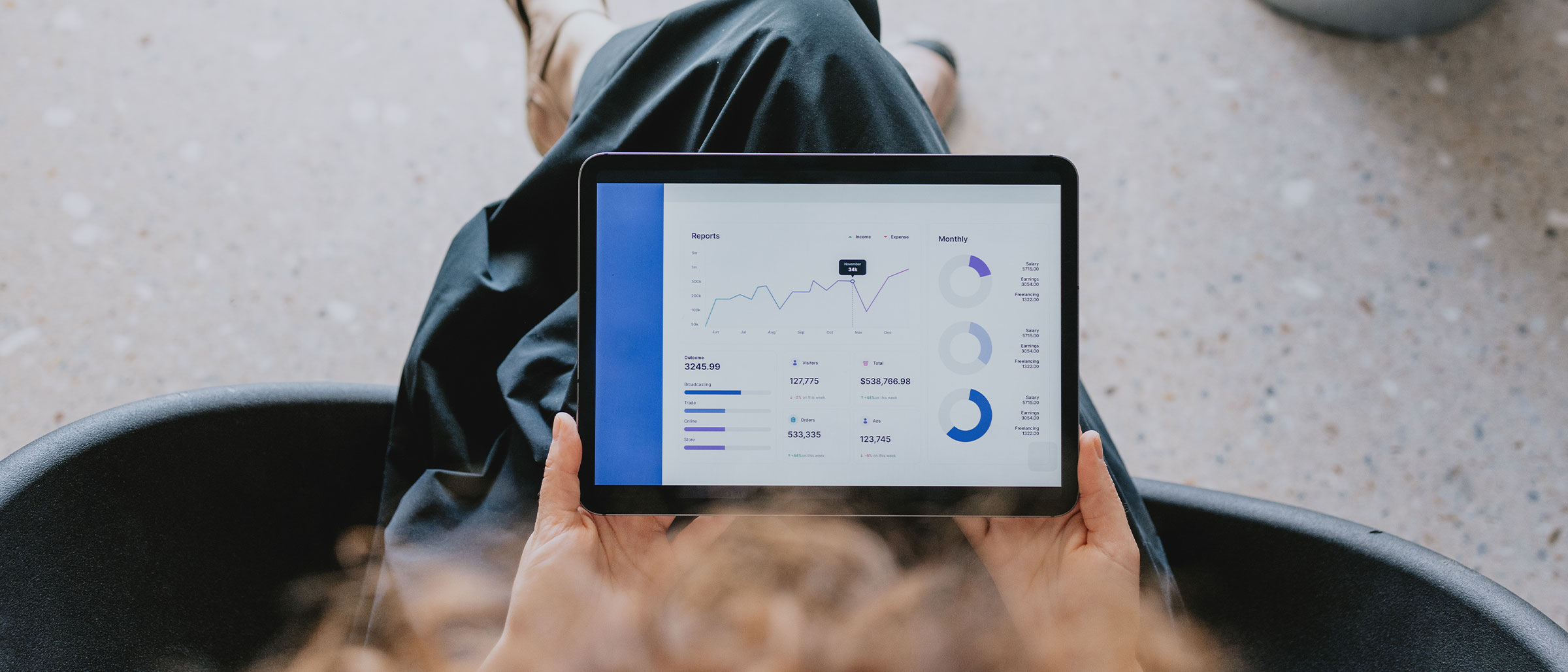 Overhead view of someone looking at a tablet with graphs