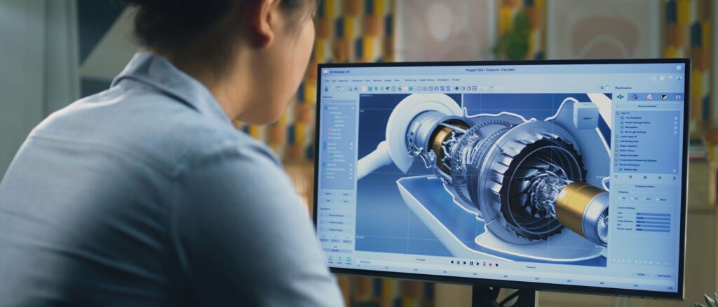 Woman looking at 3d rendering of robotic equipment on a computer