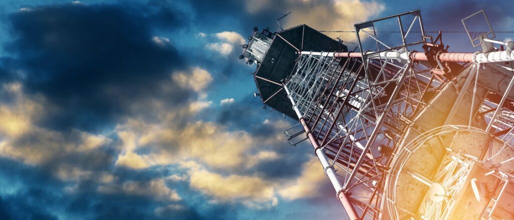 Point of view from ground level, looking up to top of data tower